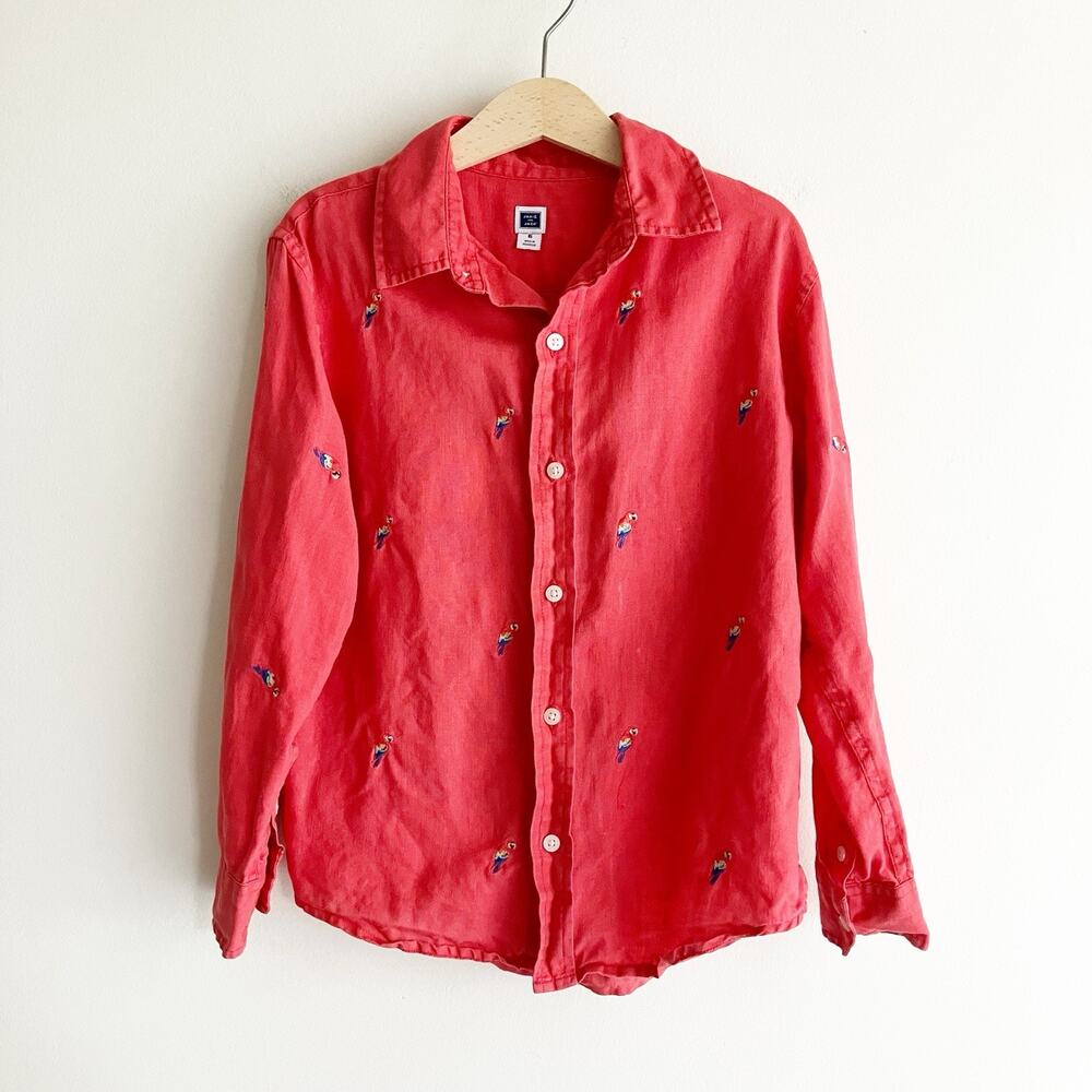 PLS READ Janie and Jack Boys 6 Linen Shirt Parrot Embroidered Red Tab Sleeve